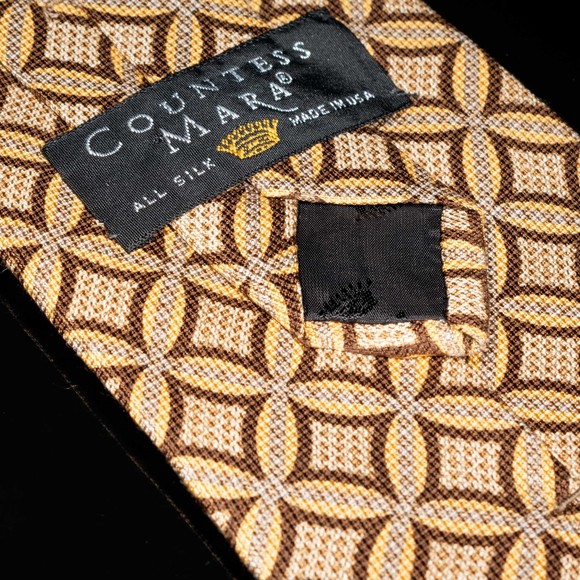 Countess Mara 100% Silk Tie Tan Brown Circle Pattern Mens Designer Necktie - Picture 3 of 5